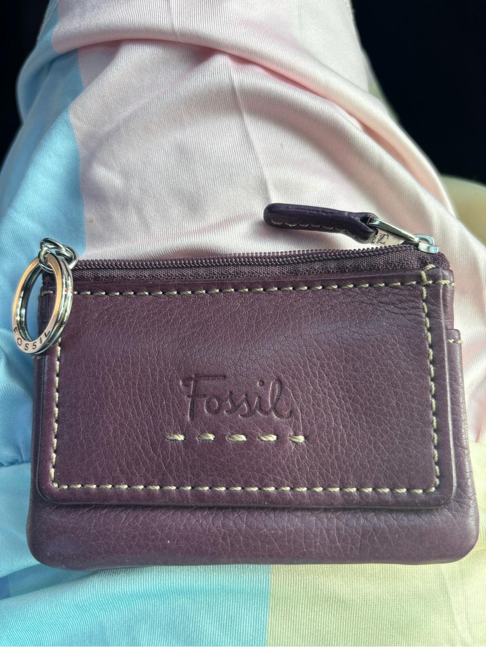 Fossil Plum Leather Zip Card Case with Keyring